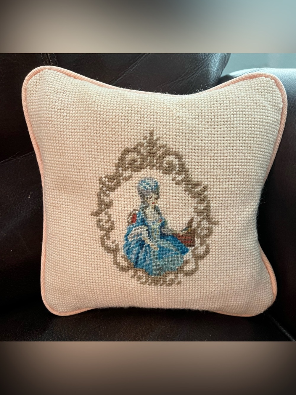 Elegant Peach Cross-Stitched 8x8 Pillow with Blue Victorian Lady